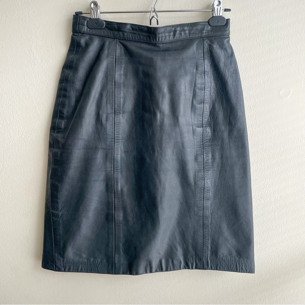 Vintage black leather high rise pencil skirt